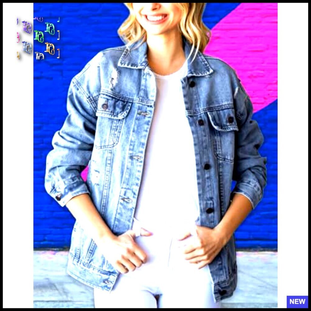 Oversized Denim Jacket Distressed Ripped Drop Shoulder Casual Coat Women's - Picture 7 of 7